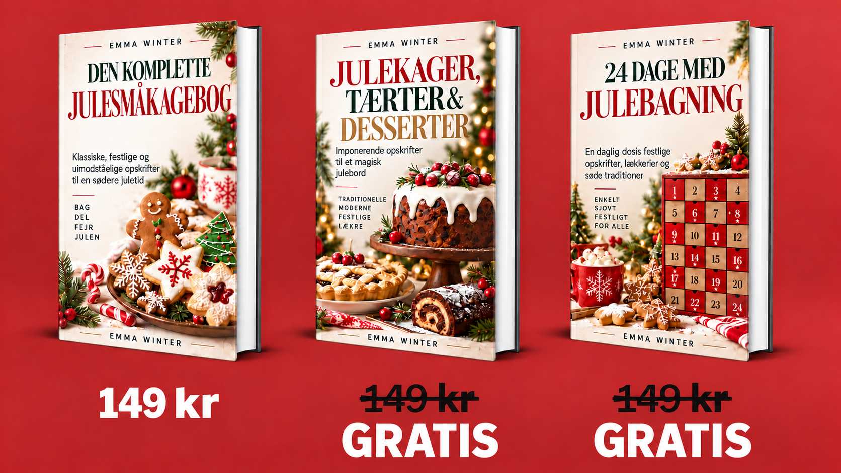 I en begrænset periode får du alle tre julebagebøger til prisen for én.